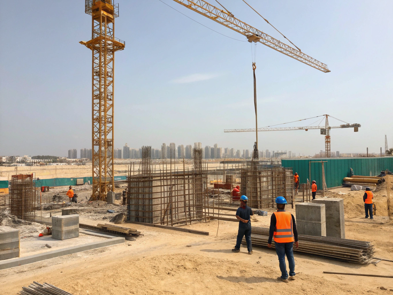 Sitio de construcción civil a gran escala con maquinaria pesada y estructuras de concreto