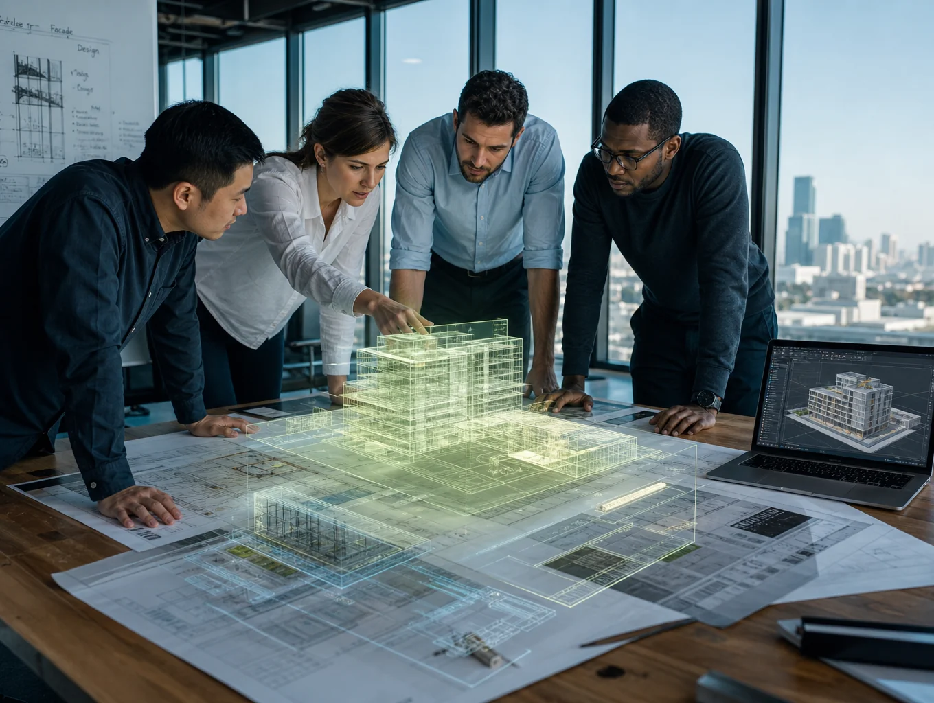 Equipo directivo de ingeniería corporativa de Arkon revisando planos estructurales