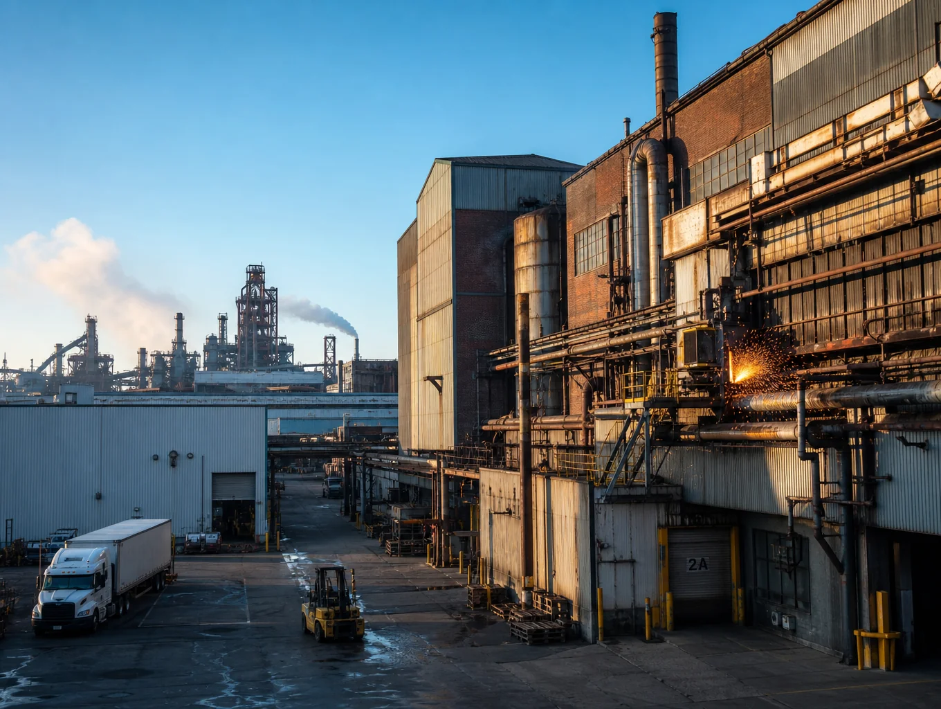 Planta de manufactura industrial y estructura de acero